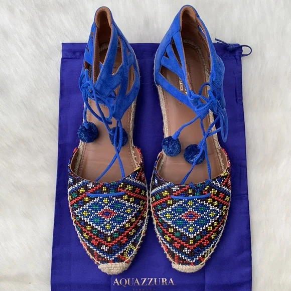 Suede Lace Aquazzura Pom Pom Flats Aquazzura Belgravia Blue Suede